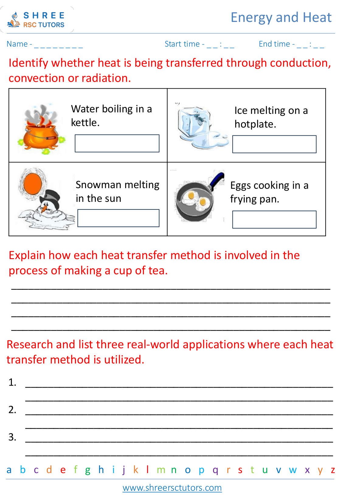 Heat transfer conduction, convection, and radiation worksheets for